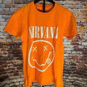 Nirvana Smiley Face T Shirt M Orange Kurt Cobain Grunge Band Logo Graphic